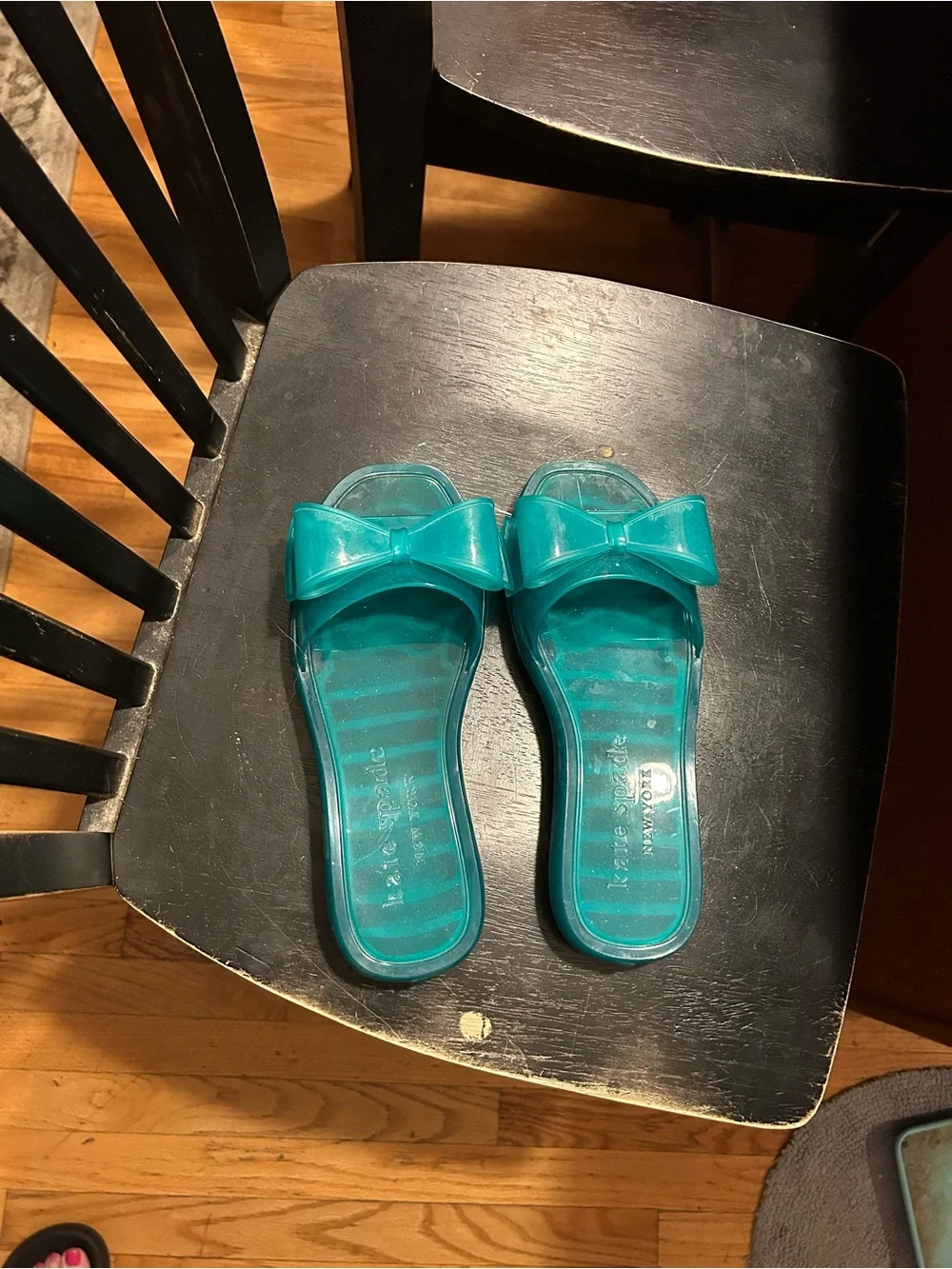 kate spade Teal Jelly Bow Slide Sandals